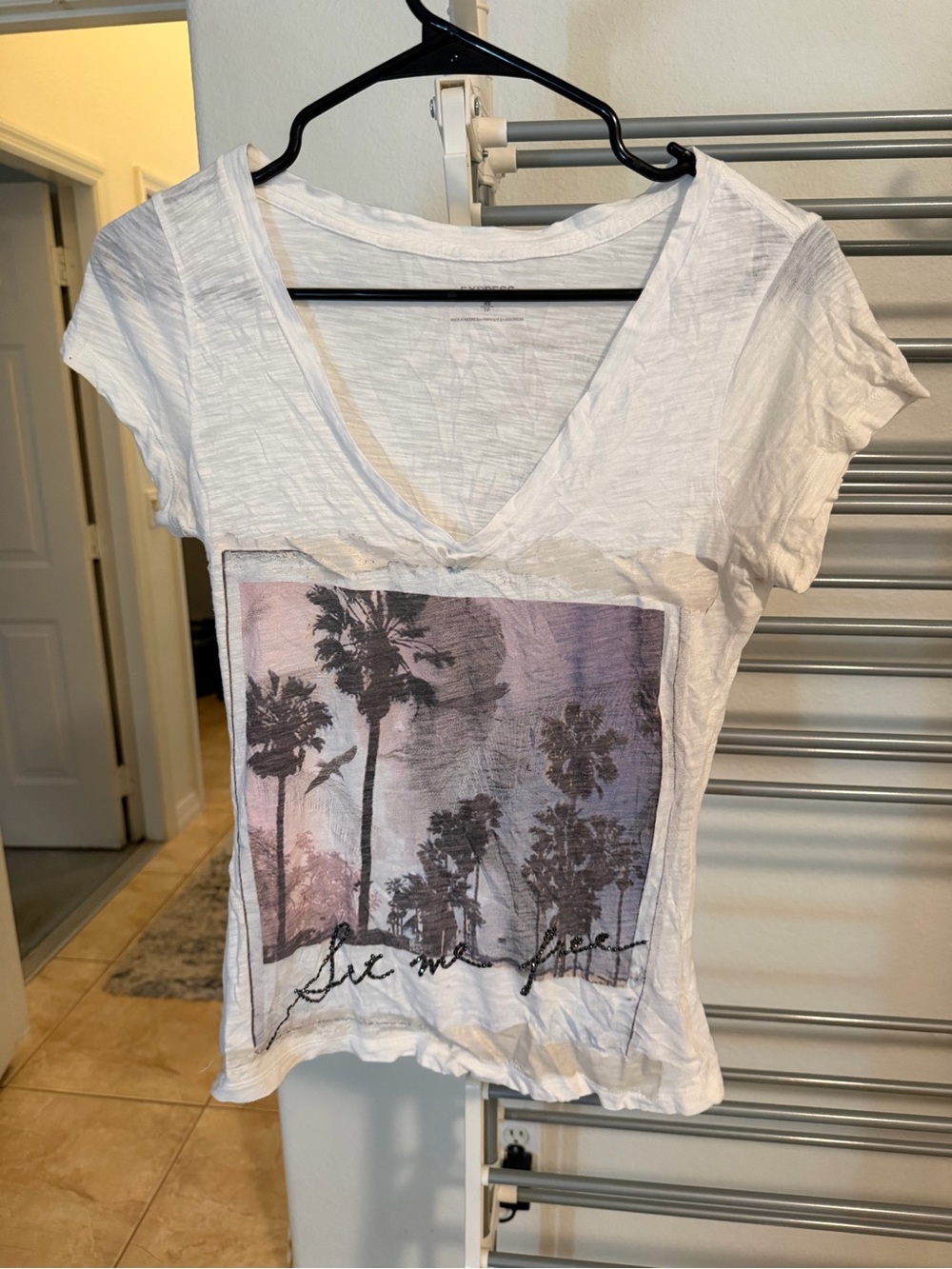 Express White V-Neck Tee with Pastel Palm Graphic
